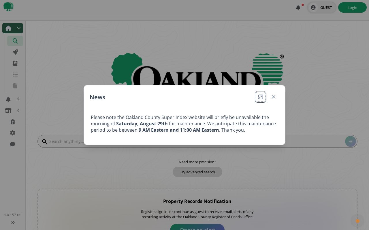 Oakland County Super Index search interface for recorded land documents