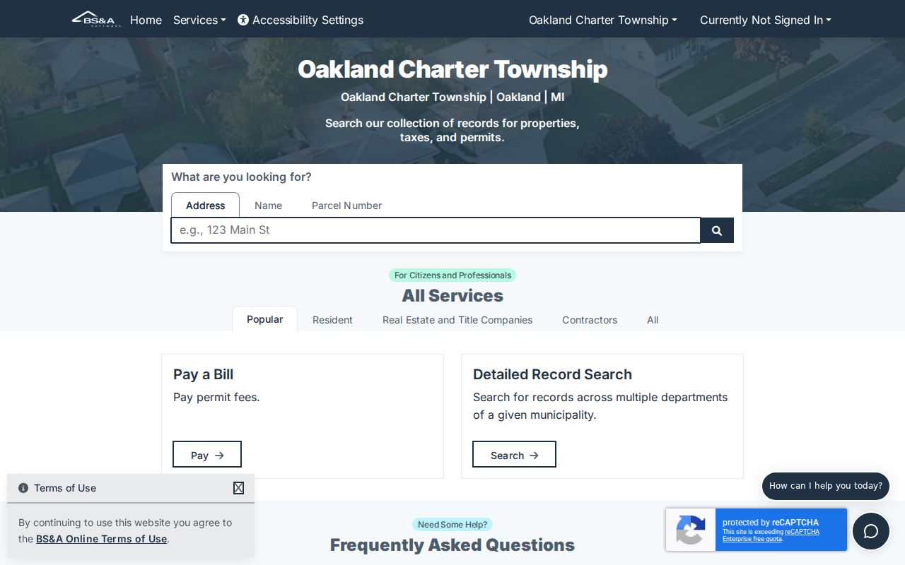 Oakland Township BS and A Online public parcel search modes