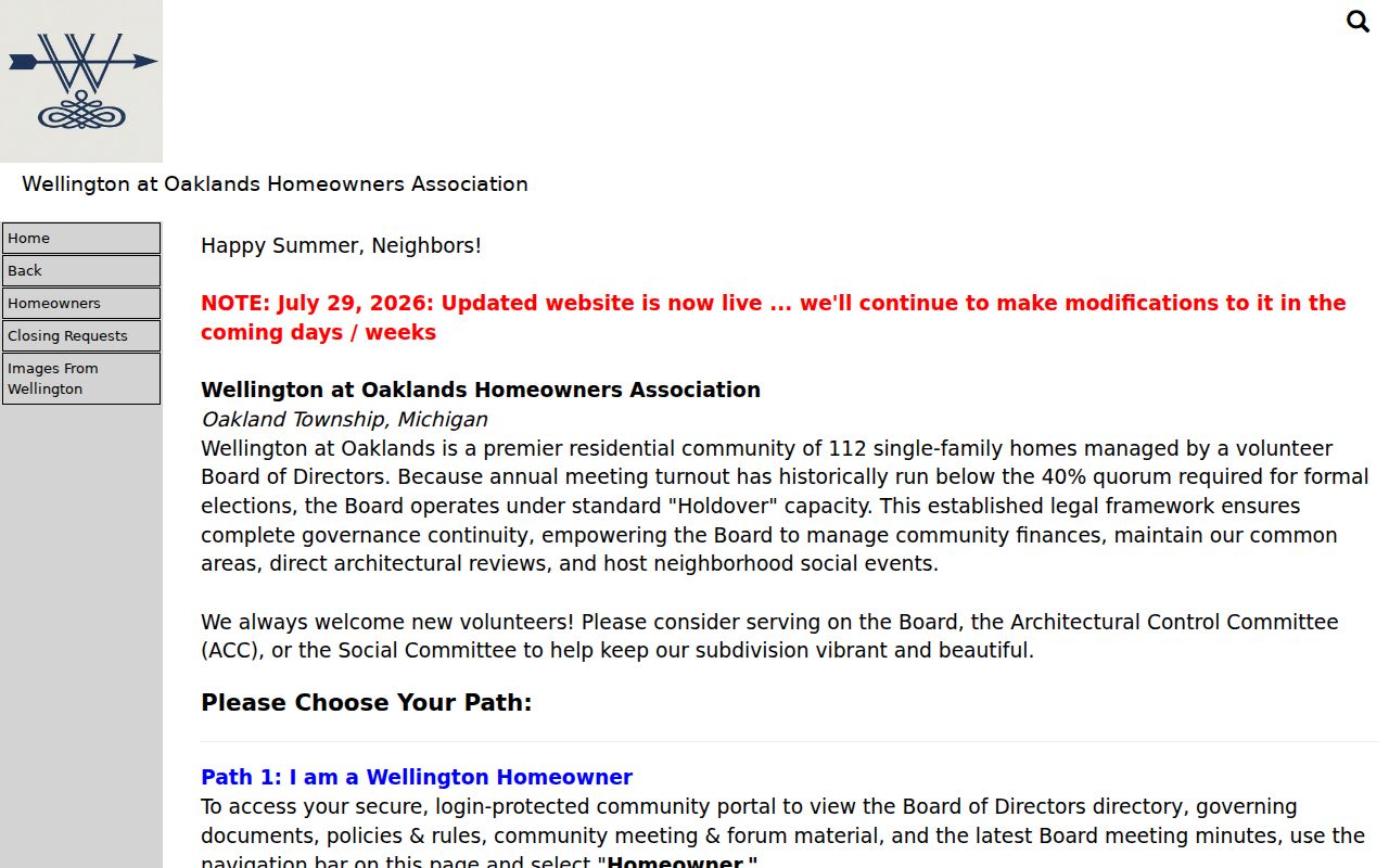 Oakland Township neighbors Wellington at Oakland public association page